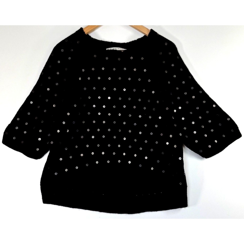Trina Turk 100% Merino Wool Sweater Medium Black Metallic Embellished Knit